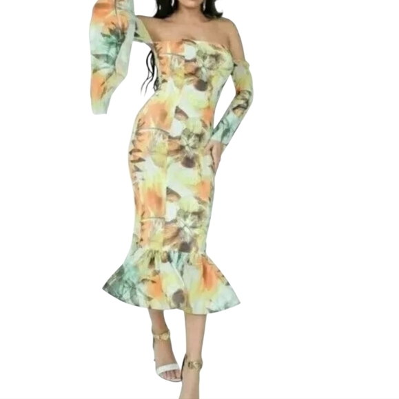Ruffle Bottom Flower Print Tube Strapless Maxi Mermaid  Off-Shoulder Dress - Picture 4 of 9